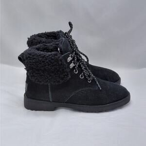 UGG Womens Boots Size 6 Black Suede Shearling Fur Lined Winter Ankle Lace Up New